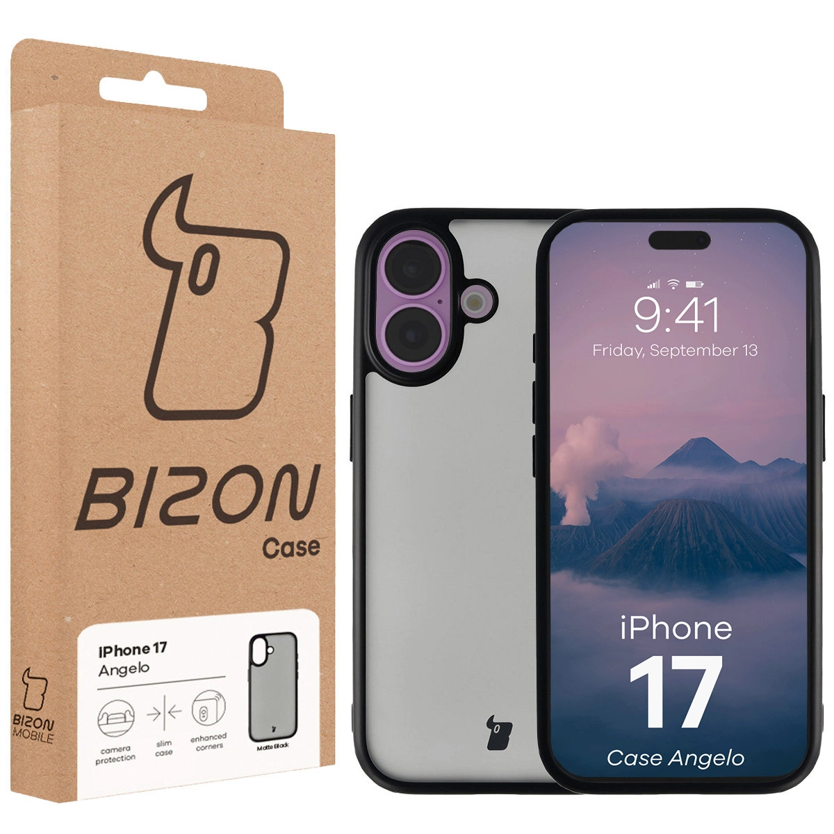 Przód pudełka Bizon Case z dedykowaną etykietą do Apple iPhone 17